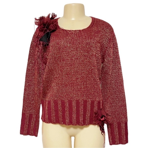 Olsen Europe Red Gold Metallic Ribbed Knit Sweater Floral Appliqué Detail Sz 10 - Picture 1 of 10